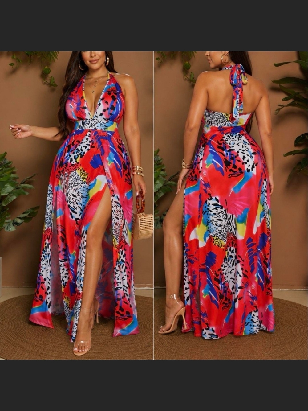 SHEIN Red Multi-Print Halter V-Neck Maxi Dress with High Slit